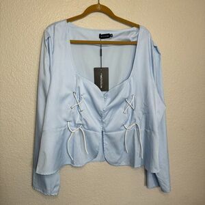 Pretty Little Thing Blouse Women 20 Tie Detail Corset Blue Coquette Cottagecore